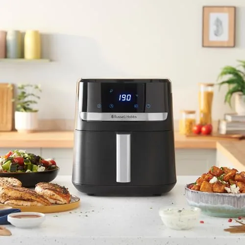 Russell Hobbs ▫️ Fritadeira de Ar Quente, Air Fryer, Airfryer, Fritadeira sem Óleo 5,5 litros, [9 programas, Compacta] Satisfry (Ecrã tátil, Forno, Grelhador, Assar, Antiaderente, Sem BPA, lavável na máquina de lavar louça) 27621-56 5