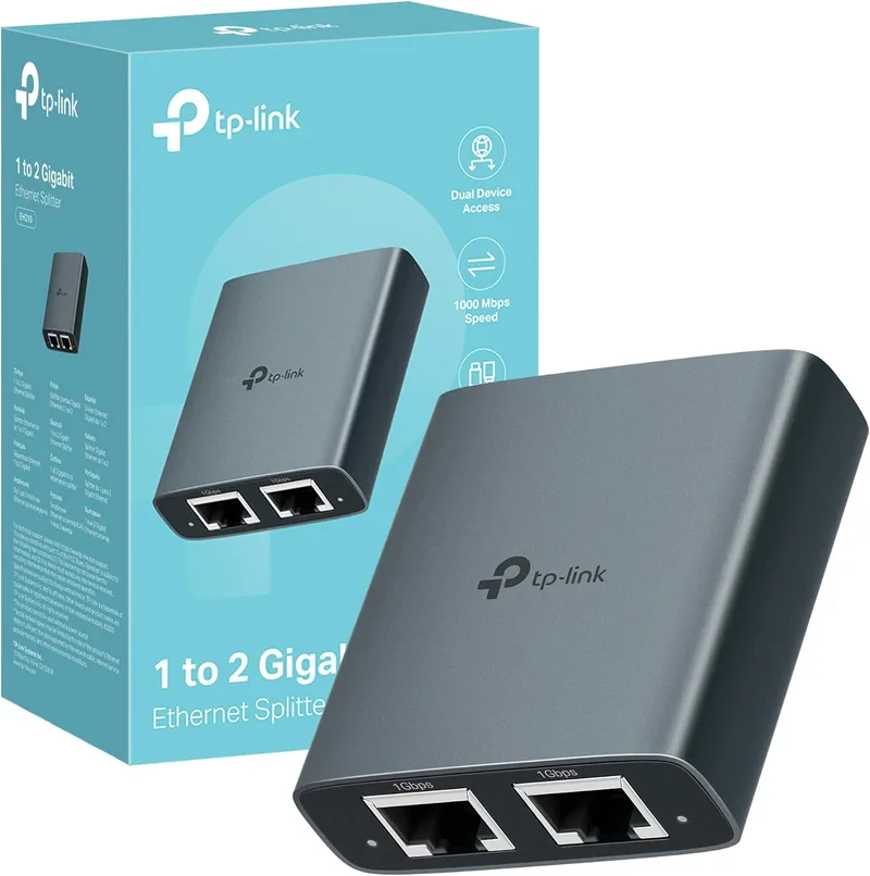 TP-Link ▫️ EH210 - Comutador Ethernet, adaptador de comutador Gigabit RJ45 de 1 para 2 portas, duplicador de divisor, caixa em liga de alumínio, até 1000 Mbps, Plug & Play, compatível com Cat5e/6/7/8