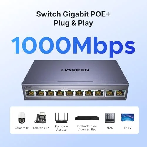 UGREEN ▫️ Switch Ethernet Gigabit de 10 portas com 8 PoE + 2 ligações de uplink Gigabit de 60 W 3