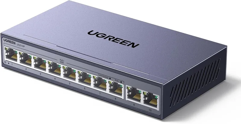 UGREEN ▫️ Comutador LAN Gigabit PoE de 10 portas com 8 comutadores PoE + 2 Gigabit-Uplink 60W Potência total para todas as portas PoE, comutador de rede para NVR, câmaras IP, não gerido com caixa metálica