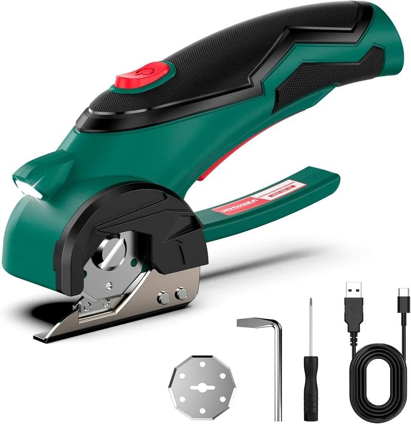 HYCHIKA BETTER TOOLS FOR BETTER LIFE ▫️ Tesoura eléctrica sem fios HYCHIKA 4V, cortador rotativo elétrico 300 RPM, tesoura eléctrica com 2 lâminas e LED para tecido, costura, couro, alcatifa, cartão, plástico, etc.