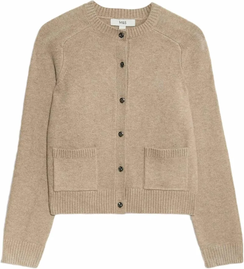 Marks & Spencer ▫️ Casaco curto Air Yarn com gola redonda e botões à frente para mulher, corte normal, com elasticidade