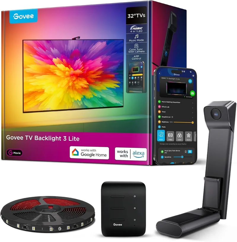 Govee ▫️ LED TV RGBWIC Backlight 3 Lite, 1,8 m para TV de 32'', Mini Câmara com correção fisheye, contas 4 em 1, compatível com Google Assistant e Alexa, controlo de voz e APP, adaptador