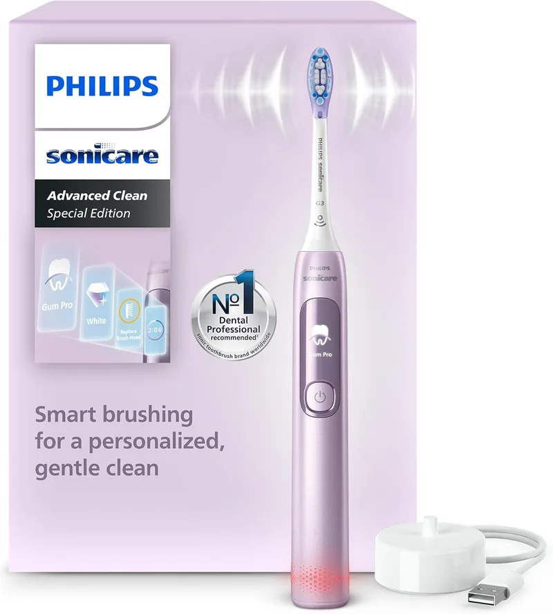 PHILIPS ▫️ Sonicare AdvancedClean Edição Limitada, Escova de dentes elétrica - Smart Screen, sensor de pressão, cabeça de escovagem substituível, 5 modos de escovagem e SmarTimer, rosa, HX3792/12