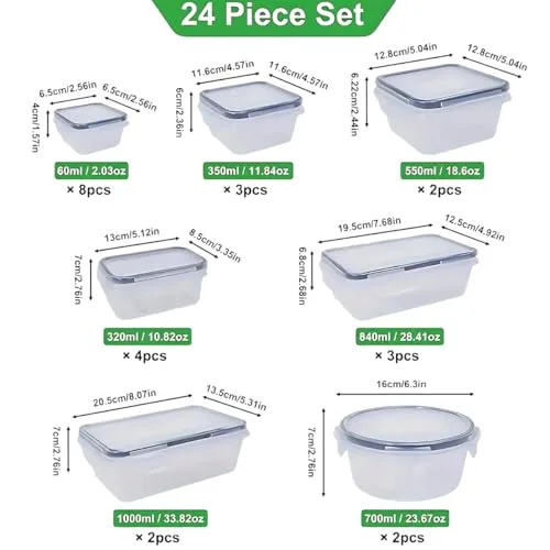 Tielag ▫️ Conjunto de 48 recipientes herméticos com tampa, caixas de armazenamento para alimentos (24 recipientes + 24 tampas), caixas de armazenamento para a cozinha, herméticas e à prova de fugas, sem BPA, adequadas para 2