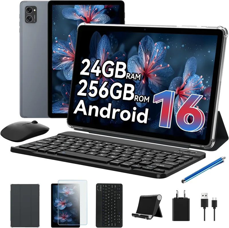 TABWEE ▫️ Tablet com Android 16 e teclado - 24 GB de RAM + 256 GB de ROM, Octa-Core | Octa-Core, tablet de 10 polegadas, 5000 mAh, 8 MP + 5 MP, compatível com Gemini AI, Widevine L1, Face ID, GPS (garantia de 4 anos)