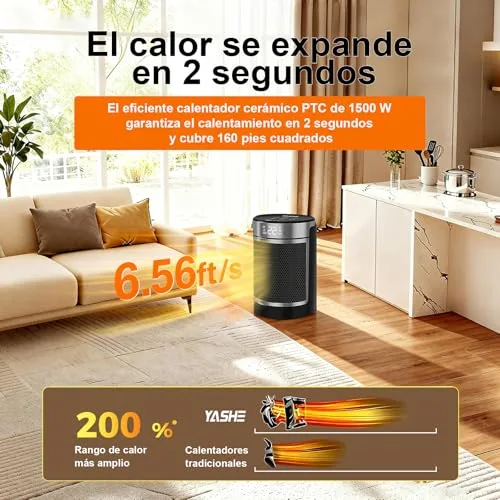 YASHE ▫️ Aquecedor PTC de baixo consumo de 1500 W com ventilador e poupança de energia, comando à distância, proteção contra oscilação de 70°, sobreaquecimento e tombamento, temporizador de 1 a 24 horas 3