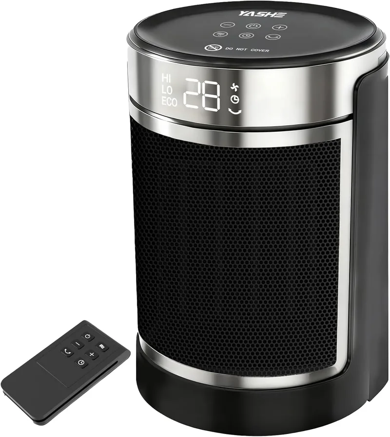 YASHE ▫️ Aquecedor PTC de baixo consumo de 1500 W com ventilador e poupança de energia, comando à distância, proteção contra oscilação de 70°, sobreaquecimento e tombamento, temporizador de 1 a 24 horas