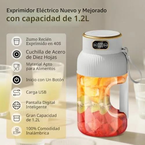 Fine Life Pro ▫️ 【Melhorado】Liquidificador Portátil Recarregável com Copo, Novo Liquidificador Portátil de 1200 ml para Smoothies com Ecrã Digital para Legumes e Frutas, Dois Modos, Fácil de Limpar, Lâmina 3D-10, Sem BPA 2