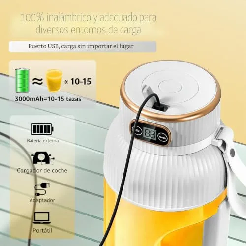 Fine Life Pro ▫️ 【Melhorado】Liquidificador Portátil Recarregável com Copo, Novo Liquidificador Portátil de 1200 ml para Smoothies com Ecrã Digital para Legumes e Frutas, Dois Modos, Fácil de Limpar, Lâmina 3D-10, Sem BPA 6