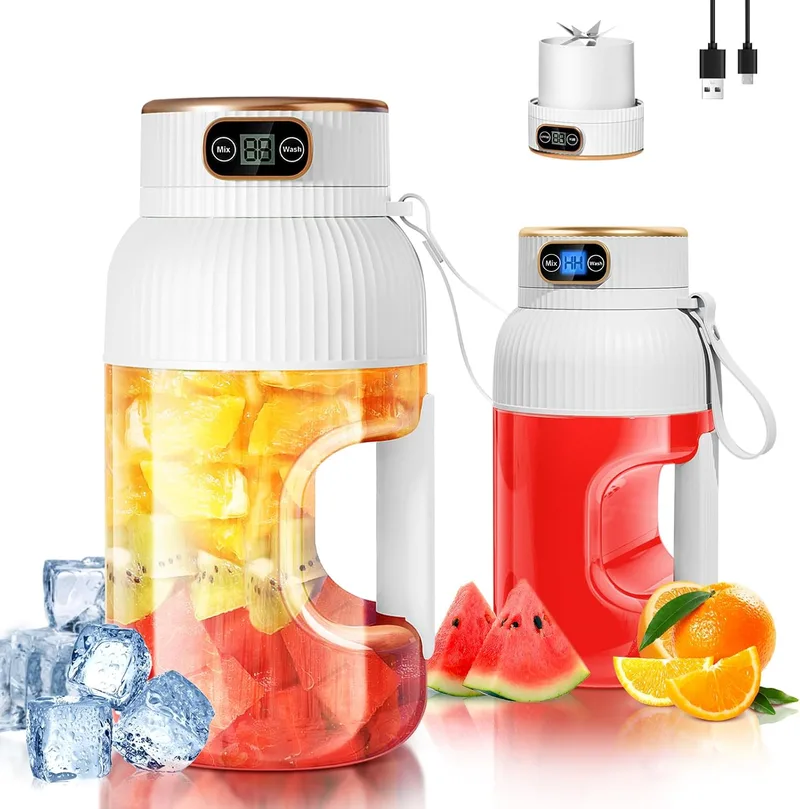 Fine Life Pro ▫️ 【Melhorado】Liquidificador Portátil Recarregável com Copo, Novo Liquidificador Portátil de 1200 ml para Smoothies com Ecrã Digital para Legumes e Frutas, Dois Modos, Fácil de Limpar, Lâmina 3D-10, Sem BPA