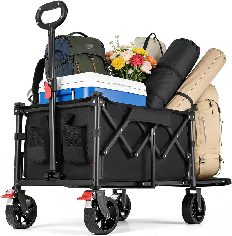 YEAUPE PRO ▫️ Carrinho de Transporte Dobrável - Carga 100kg, Fundo Dobrável para Artigos Longos. Carrinho de praia com travões, para praia, campismo, pesca, transporte familiar - 60-110L, preto