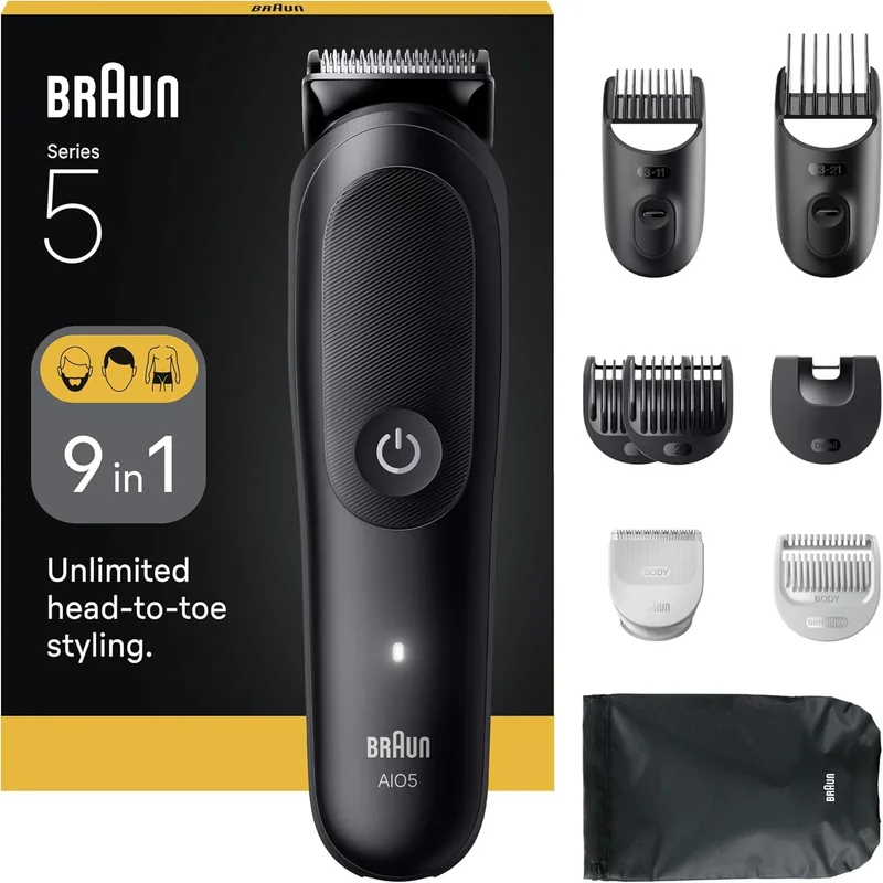Braun ▫️ Série 5 Kit multifunções para cuidados corporais 9 em 1, lâmina extremamente afiada, 120 minutos, corte preciso e eficaz, cabo AquaGrip para utilização subaquática, AIO5540, preto