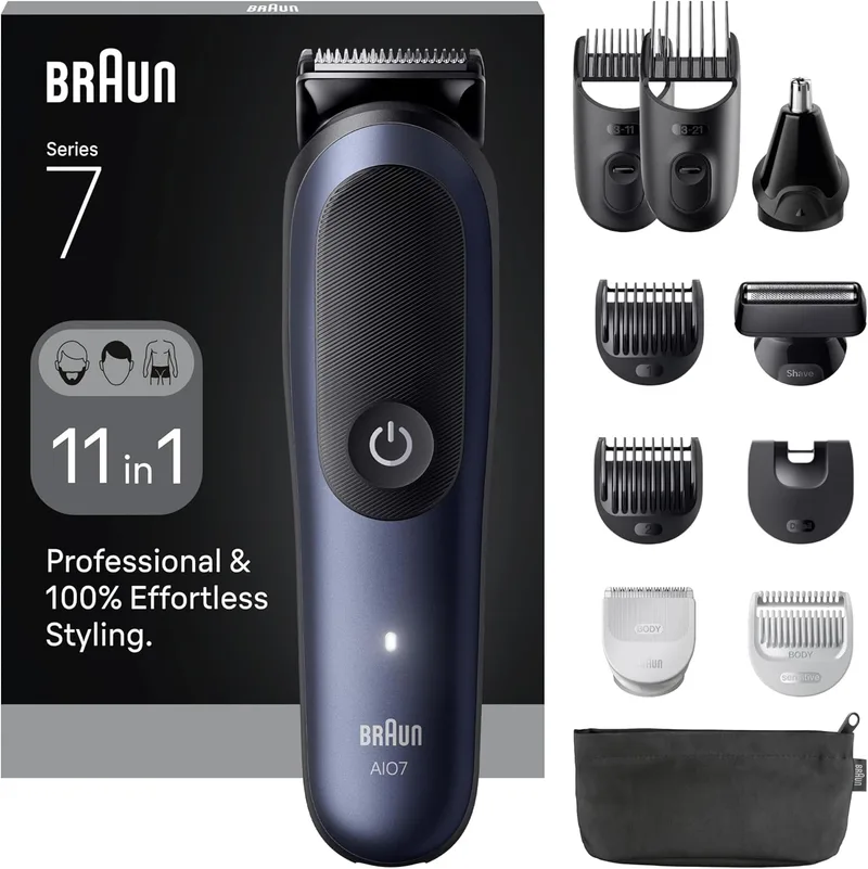 Braun ▫️ Série 7 Kit multifuncional para cuidados corporais, 11 em 1, ProBlade e AutoSense, 120 min, SkinGuard e Sombra de Barba, AquaGrip para utilização subaquática, AIO7540, Azul
