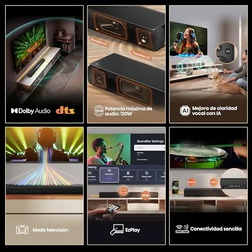 Hisense ▫️ HS1000 - Barra de som 2.0, 120 W, Dolby Audio, DTS Virtual:X, Modo TV, EZPlay, Bluetooth 5.3, eARC 4