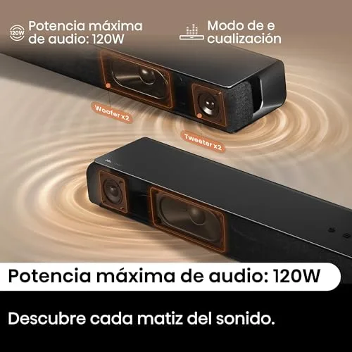 Hisense ▫️ HS1000 - Barra de som 2.0, 120 W, Dolby Audio, DTS Virtual:X, Modo TV, EZPlay, Bluetooth 5.3, eARC 6