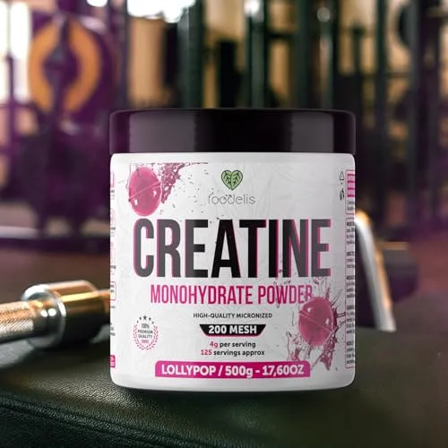 FOODELIS ▫️ Creatina Monohidratada em Pó 500 g – Sabor Pirulito – 100% Creatina Micronizada – Alta Pureza – Sem Aditivos – Vegana – Alta Solubilidade – Inclui Dosador 3