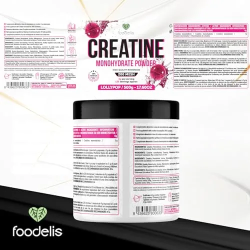 FOODELIS ▫️ Creatina Monohidratada em Pó 500 g – Sabor Pirulito – 100% Creatina Micronizada – Alta Pureza – Sem Aditivos – Vegana – Alta Solubilidade – Inclui Dosador 5