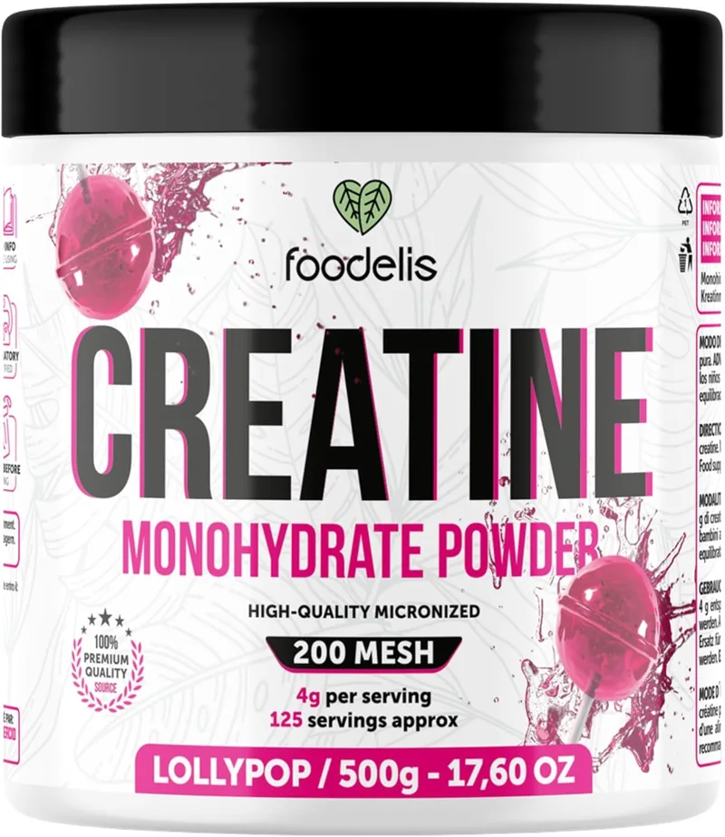 FOODELIS ▫️ Creatina Monohidrato em Pó 500 g - Sabor a chupa-chupa - Creatina 100% Micronizada - Alta Pureza - Sem Aditivos - Vegan - Alta Solubilidade - Inclui doseador