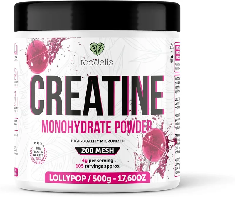 FOODELIS ▫️ Creatina Monohidratada em Pó 500 g – Sabor Pirulito – 100% Creatina Micronizada – Alta Pureza – Sem Aditivos – Vegana – Alta Solubilidade – Inclui Dosador