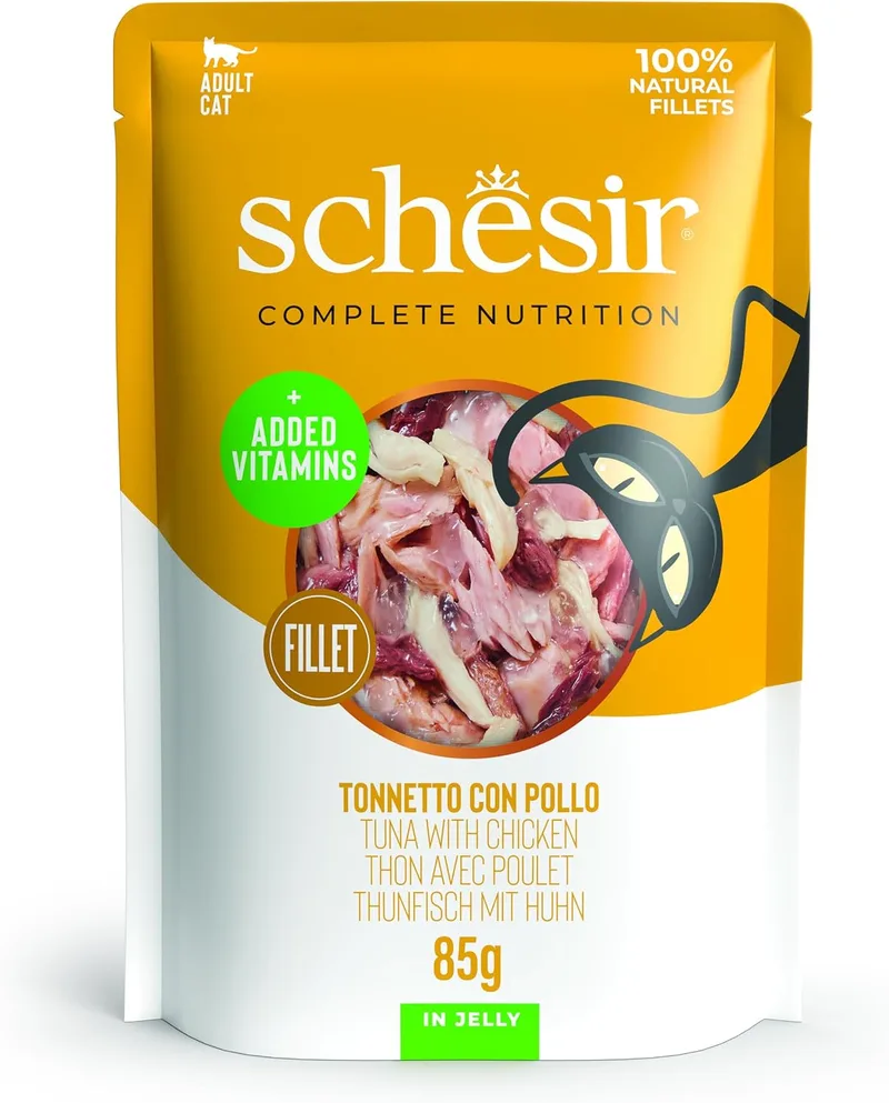 Schesir ▫️ Atum com Frango em Caldo, Alimento Húmido Complementar para Gatos, Em Lata, Ingredientes 100% Naturais, Sem Crueldade, 12 x 85 g