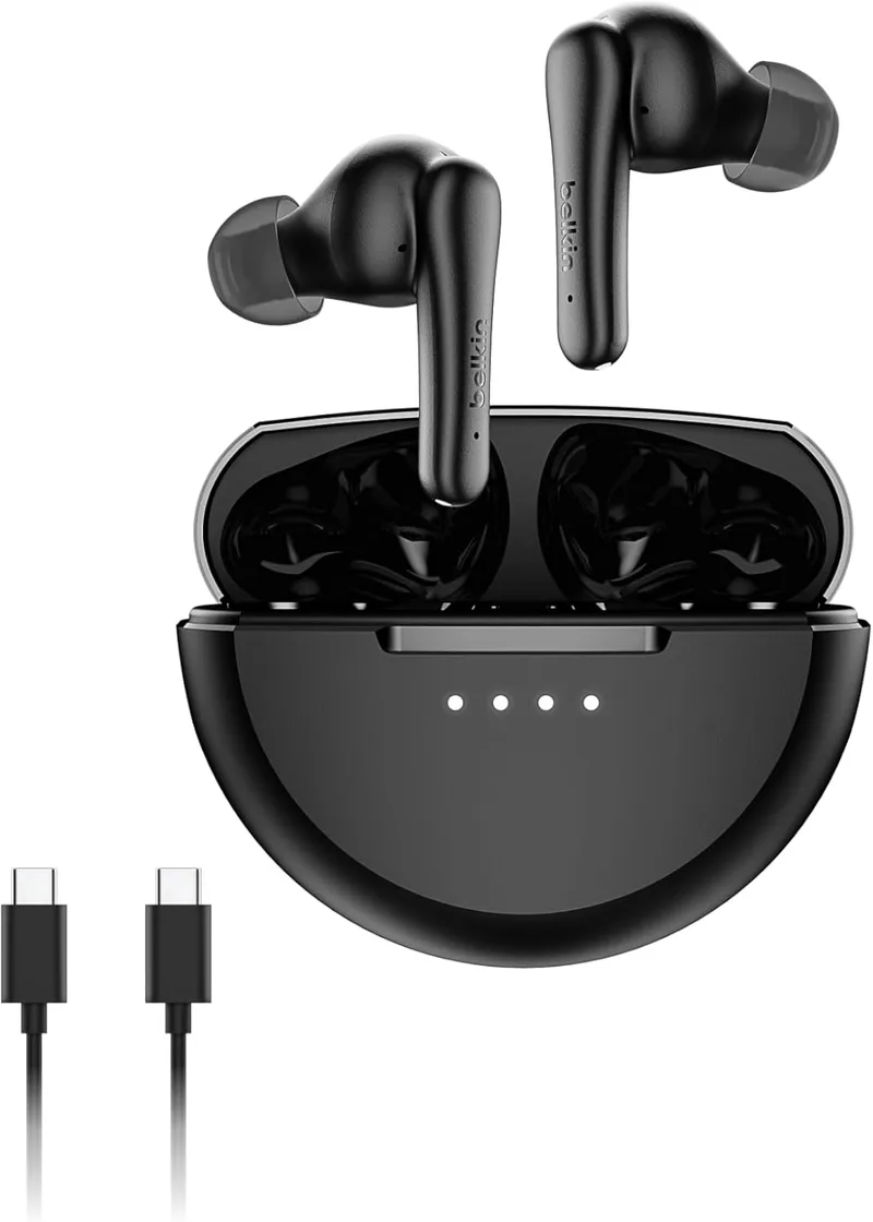 Auscultadores sem fios True Wireless Bluetooth Belkin SoundForm Rhythm com microfone com cancelamento ativo de ruído, ANC, carregamento rápido USB-C, utilização durante 28 horas, resistência IPX5, preto