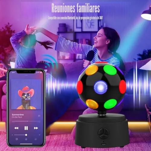 Piashow ▫️ Bola de discoteca giratória a 360 graus com LED multicolorido, luz de discoteca 3D, compatível com ligação Bluetooth, elevada compatibilidade, efeito de som surround estéreo 3
