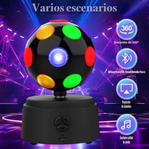 Piashow ▫️ Bola de discoteca giratória a 360 graus com LED multicolorido, luz de discoteca 3D, compatível com ligação Bluetooth, elevada compatibilidade, efeito de som surround estéreo 5