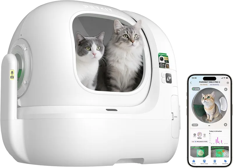 PETKIT ▫️ PUROBOT MAX Pro 2 Caixa de areia para gatos autolimpante, entrada maior, câmara AI, caixa de areia para gatos autolimpante, WiFi 2.4G e 5G, rastreio sanitário, eliminação de odores, 76L, para vários gatos