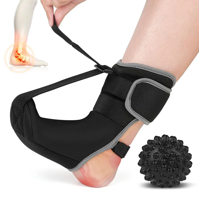 Oiieco ▫️ Tala nocturna para fasceíte plantar com bola de massagem, ligadura para esporão do calcâneo, correia ajustável, alívio das dores do pé de fasceíte plantar, arcos planos (preto-M)