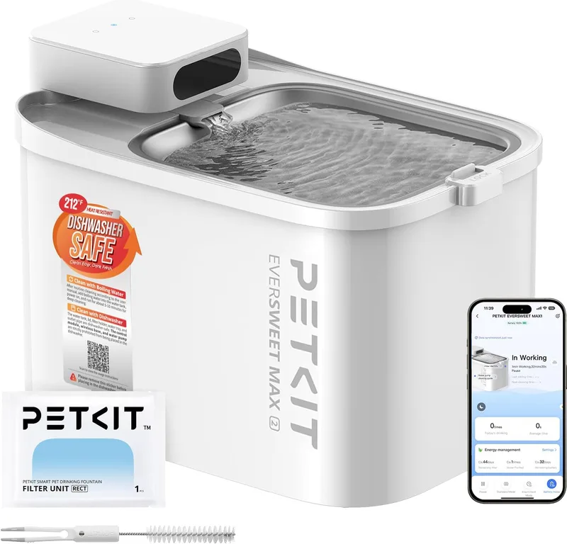 PETKIT ▫️ EVERSWEET MAX 2 Beberouro para gatos sem fios, resistente ao calor, com sensor de movimento, bateria recarregável de 5000 mAh, controlo através da aplicação, beberouro automático para gatos de 3 L, aço inoxidável