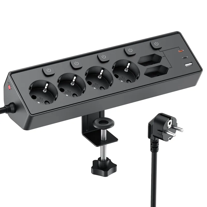 KEMELO ▫️ Faixa de alimentação de secretária com USB C (PD 30W), interruptores individuais, tomadas de alimentação de secretária, faixas de alimentação, proteção contra picos de tensão, cabo de 2 metros para escritório em casa, cabo de 2M, preto