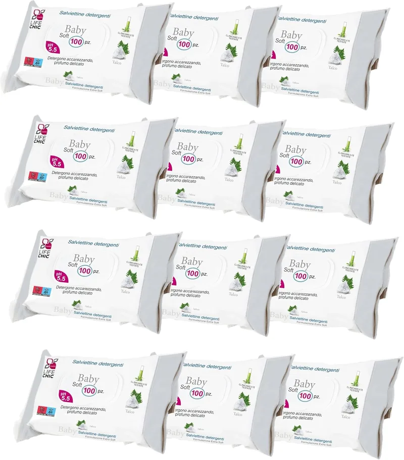 LifeChic ▫️ Toalhitas para bebés com talco, para peles sensíveis, sem álcool, suaves para a pele, pH 5,5, delicadamente perfumadas, 1200 unidades (12 pacotes)