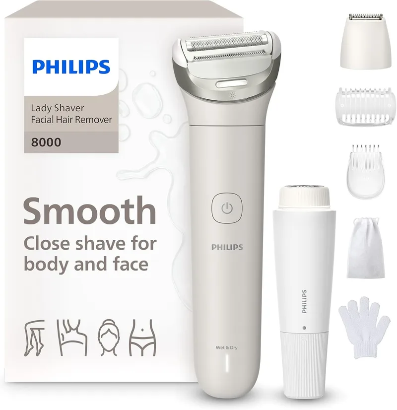 PHILIPS ▫️ Máquina de barbear Série 8000 - Máquina de barbear sem fios para uso a seco e molhado, sistema de 3 lâminas, luz LED, para o rosto, as pernas, o corpo e a zona do biquíni, Modelo BRL159/00