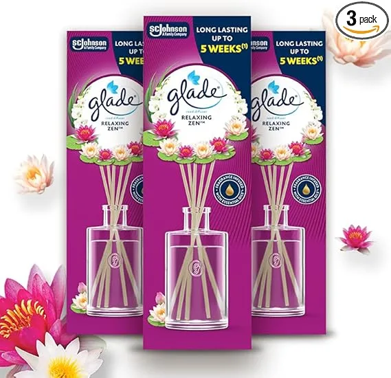 Glade ▫️ Ambientador Mikado com Varas Relaxing Zen, Dura até 15 semanas, com óleos essenciais, embalagem com 3 difusores de 3x50 ml