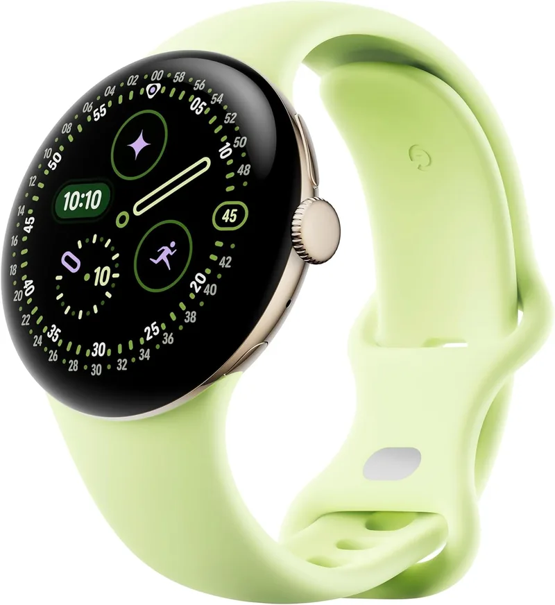 Google ▫️ Pixel Watch 4 (41 mm) - Relógio inteligente Android Wear com monitorização da forma física e Gemini Assist - Caixa em alumínio dourado champanhe - Bracelete desportiva verde lima - Wi-Fi