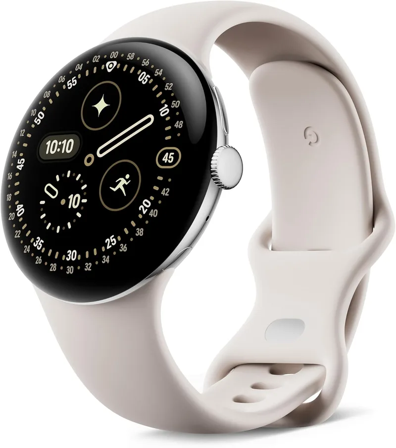 Google ▫️ Pixel Watch 4 (45 mm) - Relógio inteligente Android Wear com monitorização da saúde e da forma física e Gemini Assist - Caixa de alumínio prateado polido - Bracelete desportiva em porcelana - Wi-Fi