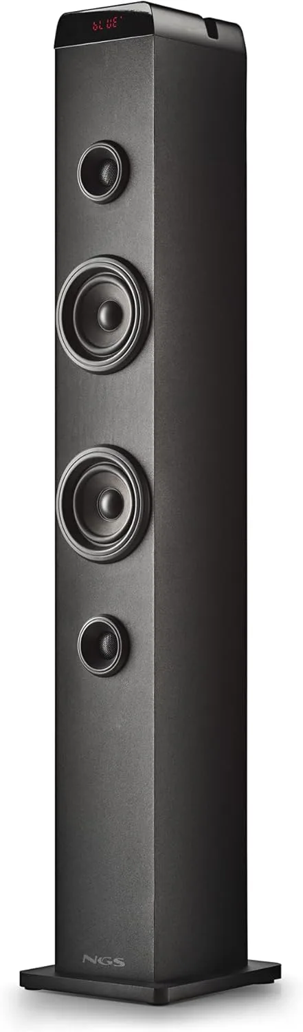 NGS ▫️ Sky Charm Pro - Torre de som de 50 W com Bluetooth 5.4, ótica, USB, AUX-IN, rádio FM, função de transmissão, entrada para microfone de karaoke, controlo remoto, preto