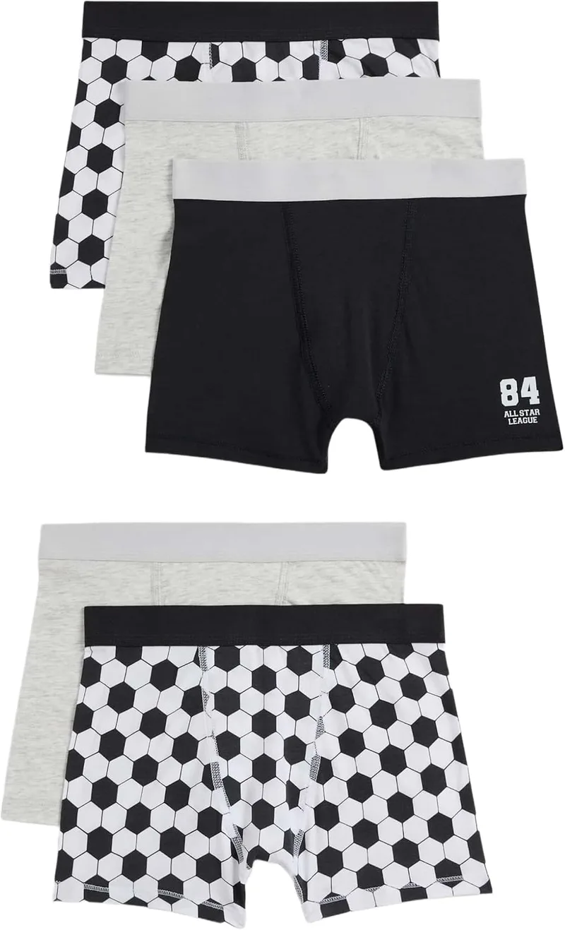 Marks & Spencer ▫️ Boxers com estampado de futebol, com elevado teor de algodão, para menino, embalagem de 5, corte normal, StayNew™, com elasticidade