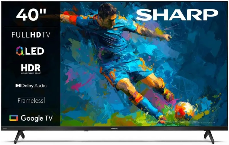 Sharp ▫️ 40HF3365E - Google TV, 40" FHD, sem moldura, 60 Hz, QLED, Google Assistant com microfone, Chromecast, Bluetooth, som 2x8 W, 3 portas HDMI, 2 portas USB, cor preta