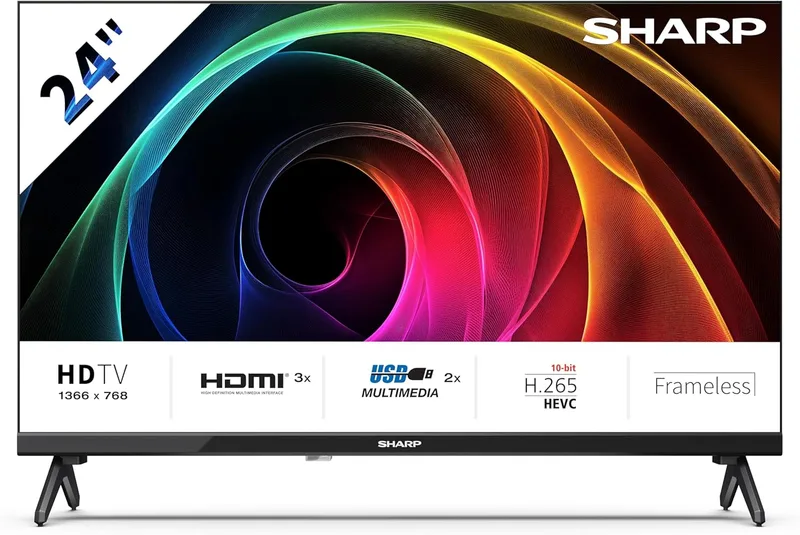 Sharp ▫️ 24HA1305E - TV não inteligente de 24" HD, sem moldura, 60 Hz, som 2x3 W, 3 portas HDMI, 2 portas USB, cor preta