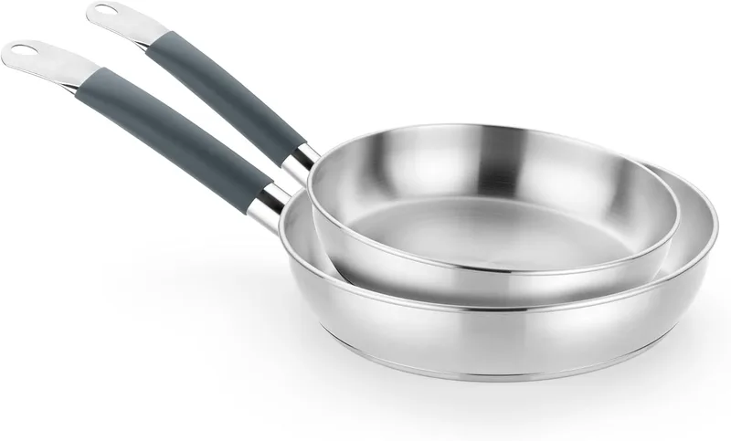 BRA ▫️ Master | Conjunto de frigideiras de 24-28 cm, aço inoxidável, sem revestimento antiaderente, sem PFOA, totalmente compatível com indução, adequado para todos os tipos de fogões, cabo em aço inoxidável revestido a silicone