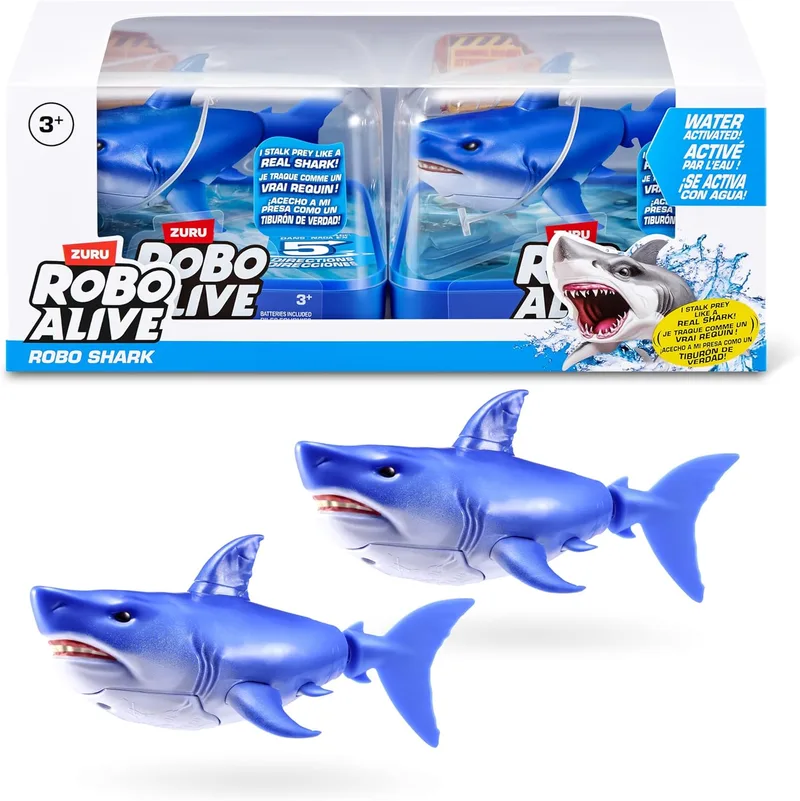 ROBO ALIVE ▫️ ZURU Water Activated Shark (Blue) 2-Pack - Brinquedo de banho robótico nadador realista, ativado pela água. Ideal para brincar e pregar partidas. Para crianças a partir dos 3 anos.