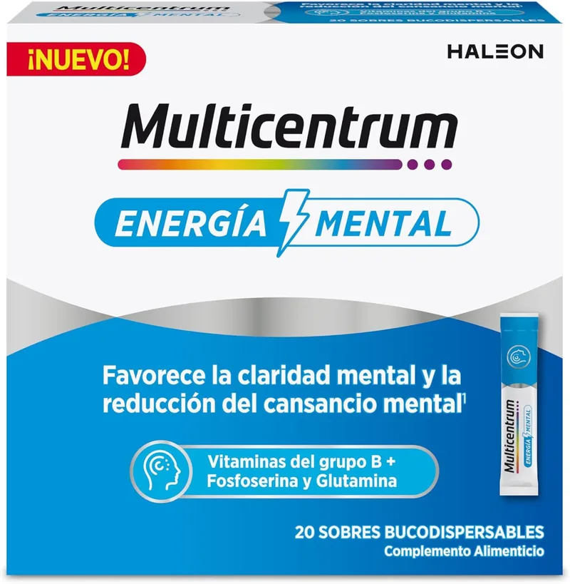 MULTICENTRUM ▫️ Energia Mental - Suplemento Alimentar com Vitaminas B, Fosfoserina e Glutamina | 20 Saquetas Bucodispersíveis | Sem Glúten, Adequado para Vegans, Sabor a Maracujá