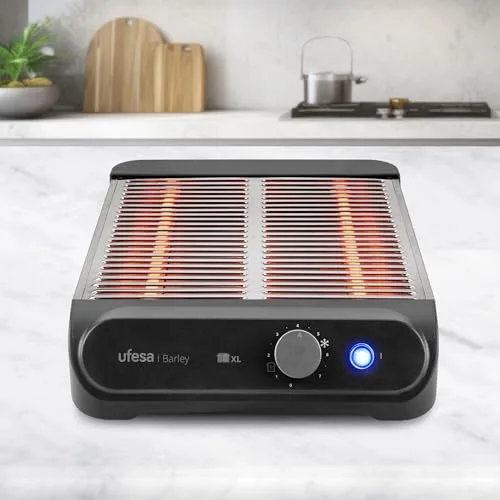 Ufesa ▫️ Tostadeira plana Barley, 900 W com 3 resistências de quartzo, tostadeira horizontal em aço inoxidável, tamanho XL para 4 fatias, 7 níveis, funções de aquecimento e descongelação, tabuleiro recolhedor de migalhas, pastelaria 3