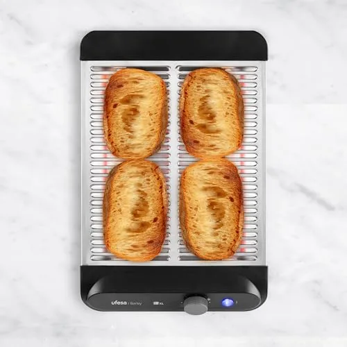 Ufesa ▫️ Tostadeira plana Barley, 900 W com 3 resistências de quartzo, tostadeira horizontal em aço inoxidável, tamanho XL para 4 fatias, 7 níveis, funções de aquecimento e descongelação, tabuleiro recolhedor de migalhas, pastelaria 6
