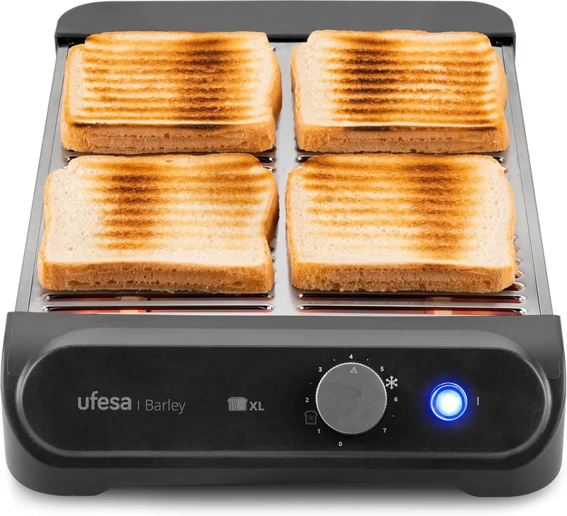 Ufesa ▫️ Torradeira plana Barley, 900 W com 3 resistências de quartzo, torradeira horizontal em aço inoxidável, tamanho XL para 4 fatias, 7 níveis, reaquecimento e descongelação, tabuleiro para migalhas, pastelaria vienense