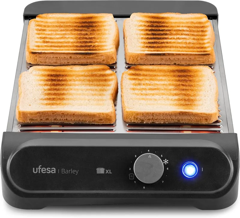 Ufesa ▫️ Tostadeira plana Barley, 900 W com 3 resistências de quartzo, tostadeira horizontal em aço inoxidável, tamanho XL para 4 fatias, 7 níveis, funções de aquecimento e descongelação, tabuleiro recolhedor de migalhas, pastelaria