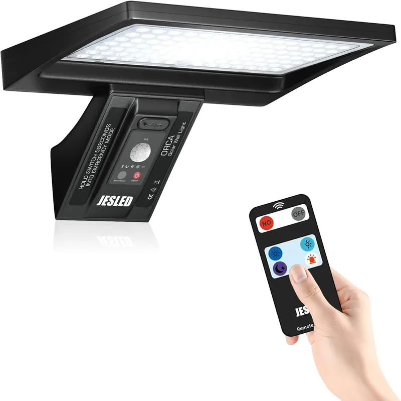 JESLED ▫️ Outdoor 104 LED Solar Light com sensor de movimento e controlo remoto, luz branca de 6000K, 4 modos, IP65 à prova de água, jardim, pátio, luz de segurança de parede