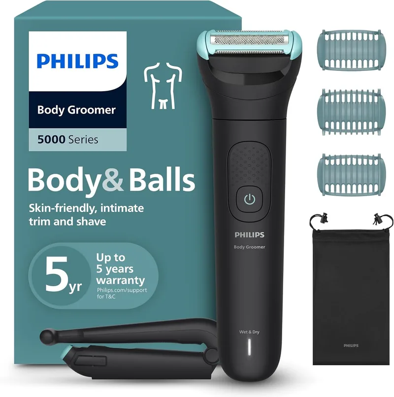 PHILIPS ▫️ Máquina de barbear corporal Série 5000 - Máquina de barbear masculina com sistema de proteção, aparar e depilar as zonas íntimas e as costas, 100% à prova de água, 100 minutos de autonomia, BG5480/15.